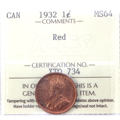 1932 Canada 1-cent ICCS Certified MS-64 Red (XTQ 734)