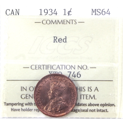 1934 Canada 1-cent ICCS Certified MS-64 Red (XTQ 746)