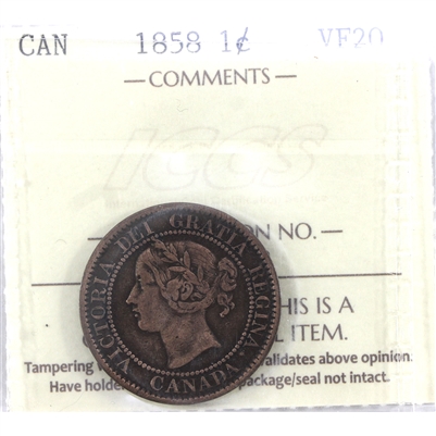 1858 Canada 1-cent ICCS Certified VF-20 (XWL 012)