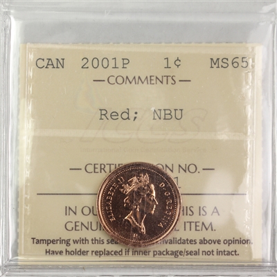 2001P Canada 1-cent ICCS Certified MS-65 Red; NBU