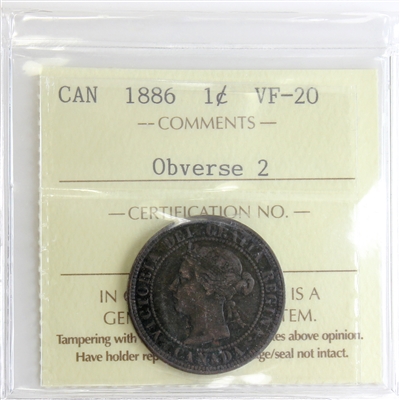 1886 Obv. 2 Canada 1-cent ICCS Certified VF-20