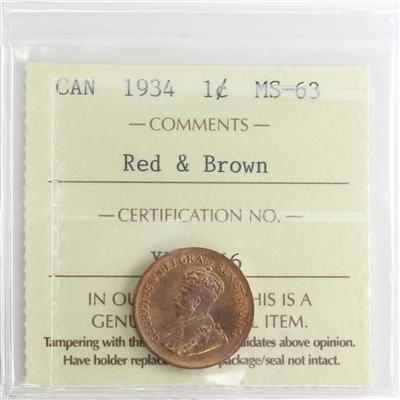 1934 Canada 1-cent ICCS Certified MS-63 Red & Brown