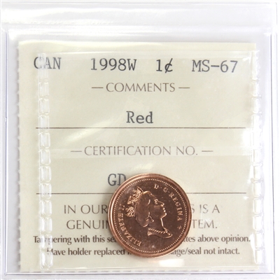 1998W Canada 1-cent ICCS Certified MS-67 Red