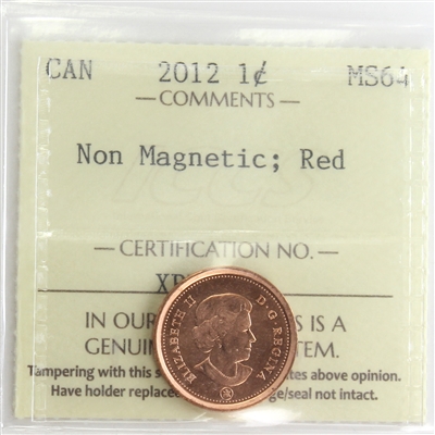 2012 Non-Magnetic Canada 1-cent ICCS Certified MS-64 Red