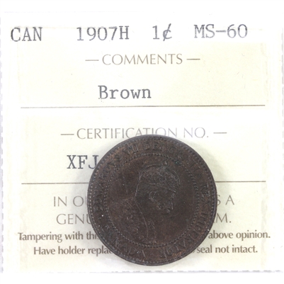 1907H Canada 1-cent ICCS Certified MS-60 Brown (XFJ 025)
