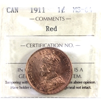 1911 Canada 1-cent ICCS Certified MS-64 Red (ZI 360)