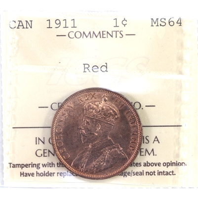 1911 Canada 1-cent ICCS Certified MS-64 Red (XXG 361)