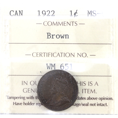 1922 Canada 1-cent ICCS Certified MS-60 Brown (WM 651)