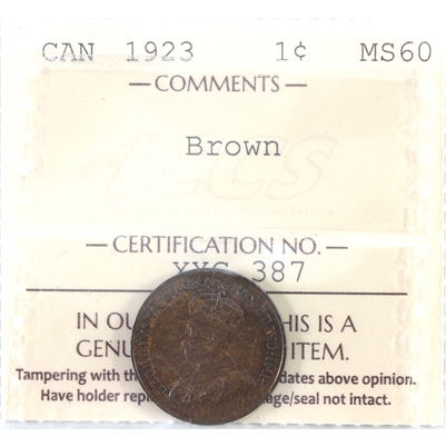 1923 Canada 1-cent ICCS Certified MS-60 Brown (XXG 387)