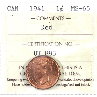1941 Canada 1-cent ICCS Certified MS-65 Red (UT 893)