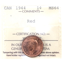 1944 Canada 1-cent ICCS Certified MS-64 Red (XWJ 737)