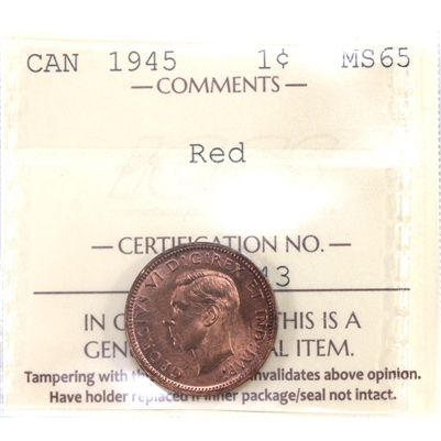 1945 Canada 1-cent ICCS Certified MS-65 Red (XWW 643)