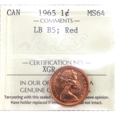 1965 LgBds Blt 5 (Type 3) Canada 1-cent ICCS Certified MS-64 Red