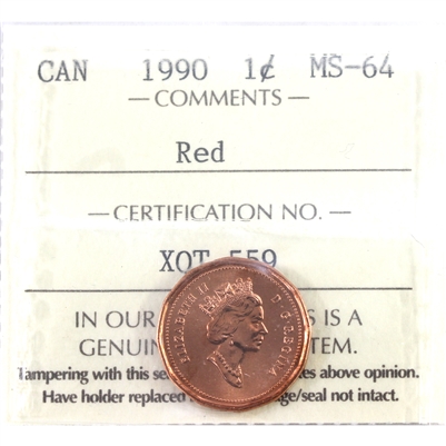 1990 Canada 1-cent ICCS Certified MS-64 Red