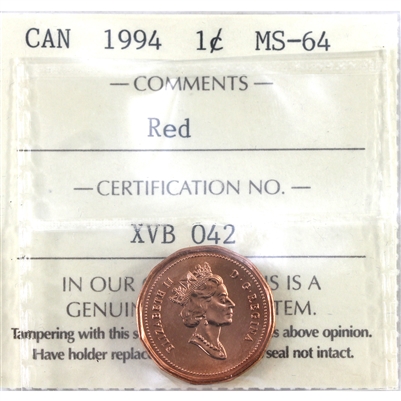 1994 Canada 1-cent ICCS Certified MS-64 Red