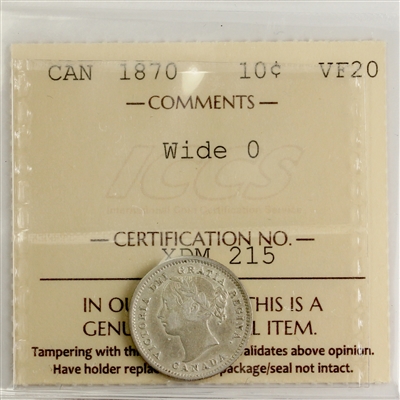 1870 Wide O Canada 10-cents ICCS Certified VF-20