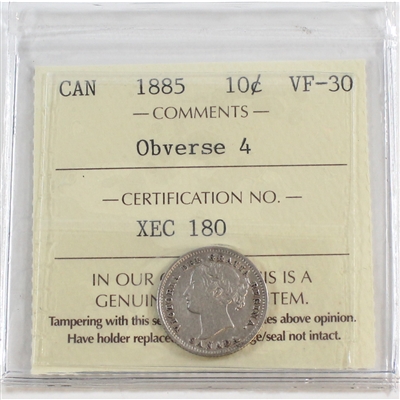 1885 Obv. 4 Canada 10-cents ICCS Certified VF-30