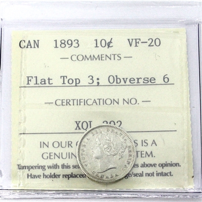 1893 Flat Top 3, Obv. 6 Canada 10-cents ICCS Certified VF-20