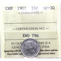 1901 Canada 10-cents ICCS Certified VF-30