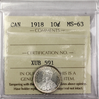1918 Canada 10-cents ICCS Certified MS-63 (XUB 591)