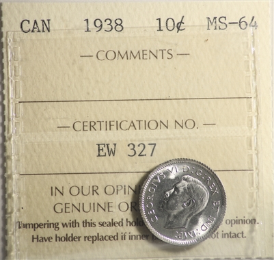 1938 Canada 10-cents ICCS Certified MS-64 (EW 327)