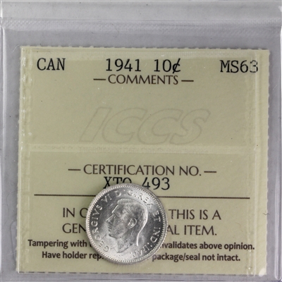 1941 Canada 10-cents ICCS Certified MS-63 (XTQ 493)