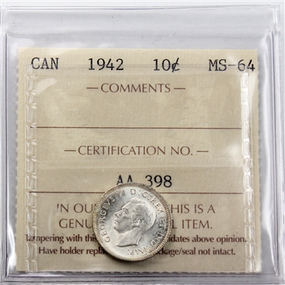 1942 Canada 10-cents ICCS Certified MS-64 (AA 398)