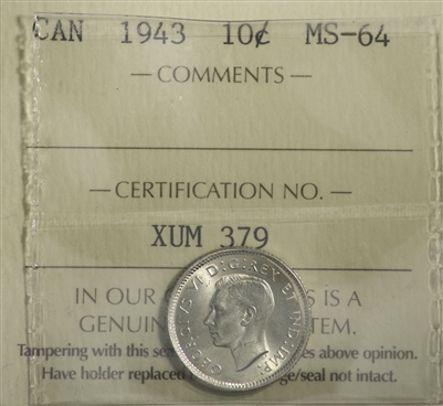 1943 Canada 10-cents ICCS Certified MS-64