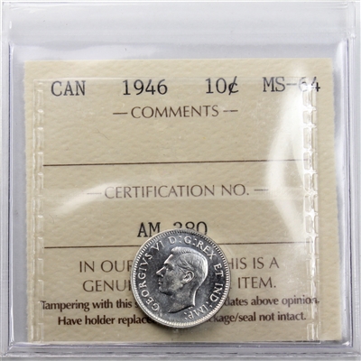 1946 Canada 10-cents ICCS Certified MS-64 (AM 380)