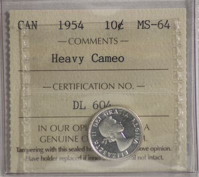 1954 Canada 10-cents ICCS Certified MS-64 Heavy Cameo