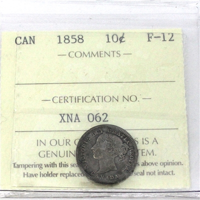 1858 Canada 10-cents ICCS Certified F-12
