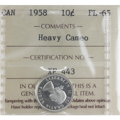 1958 Canada 10-cents ICCS Certified PL-65 Heavy Cameo