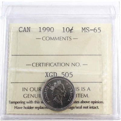 1990 Canada 10-cents ICCS Certified MS-65