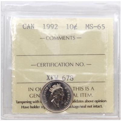 1992 Canada 10-cents ICCS Certified MS-65