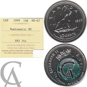 1999 Canada 10-cents ICCS Certified MS-67 Numismatic BU