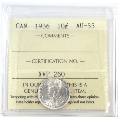 1936 Canada 10-cents ICCS Certified AU-55