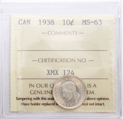1938 Canada 10-cents ICCS Certified MS-63 (XMX 124)