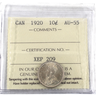 1920 Canada 10-cents ICCS Certified AU-55