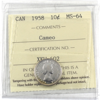 1958 Canada 10-cents ICCS Certified MS-64 Cameo