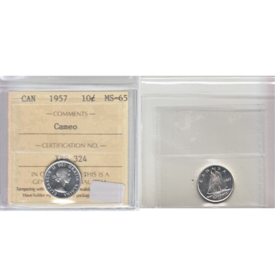 1957 Canada 10-cents ICCS Certified MS-65 Cameo