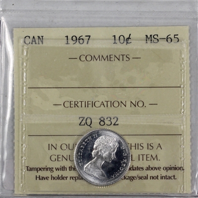 1967 Canada 10-cents ICCS Certified MS-65