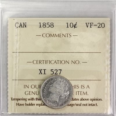 1858 Canada 10-cents ICCS Certified VF-20