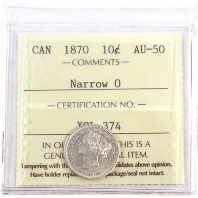 1870 Narrow O Canada 10-cents ICCS Certified AU-50