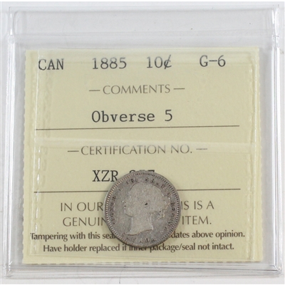 1885 Obv. 5 Canada 10-cents ICCS Certified G-6