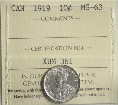 1919 Canada 10-cents ICCS Certified MS-63 (XUM 361)