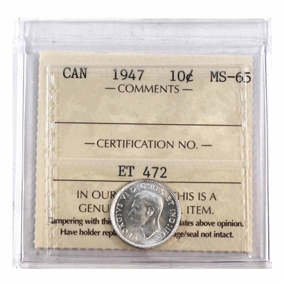 1947 Canada 10-cents ICCS Certified MS-65 (ET 472)