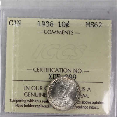 1936 Canada 10-cents ICCS Certified MS-62