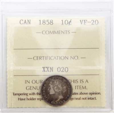 1858 Canada 10-cents ICCS Certified VF-20 (XXN 020)
