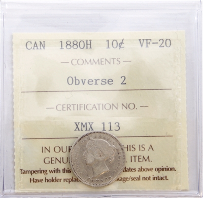 1880H Obv. 2 Canada 10-cents ICCS Certified VF-20
