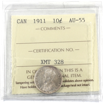 1911 Canada 10-cents ICCS Certified AU-55